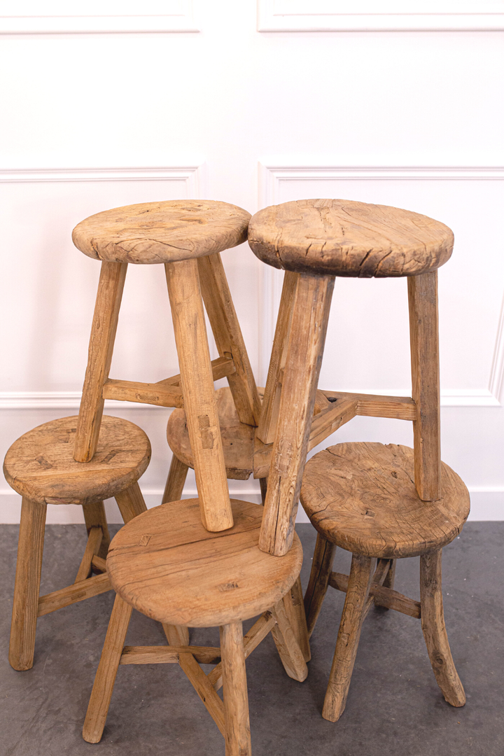 Vintage Elm Wood Round Stool Bench