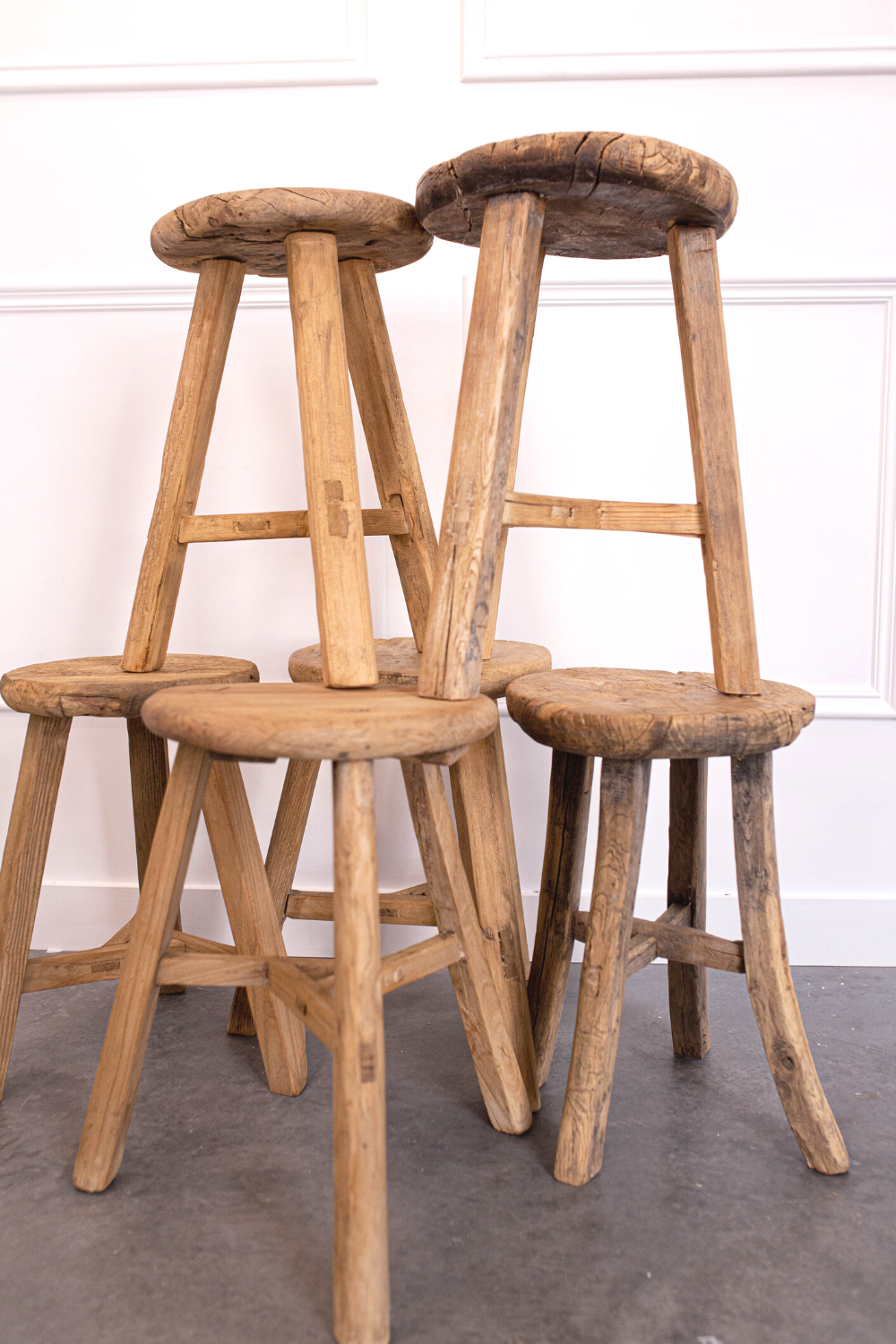 Vintage Elm Wood Round Stool Bench