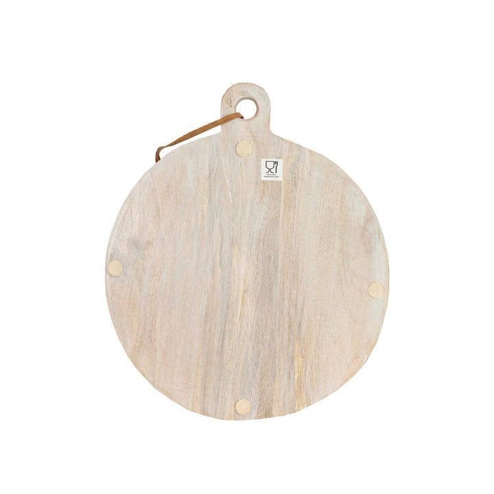 Ashton Round Serving Board Whitewash Wood, Leather Loop