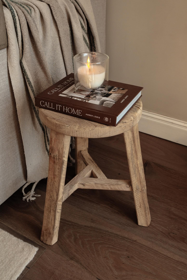 Vintage Elm Wood Round Stool Bench