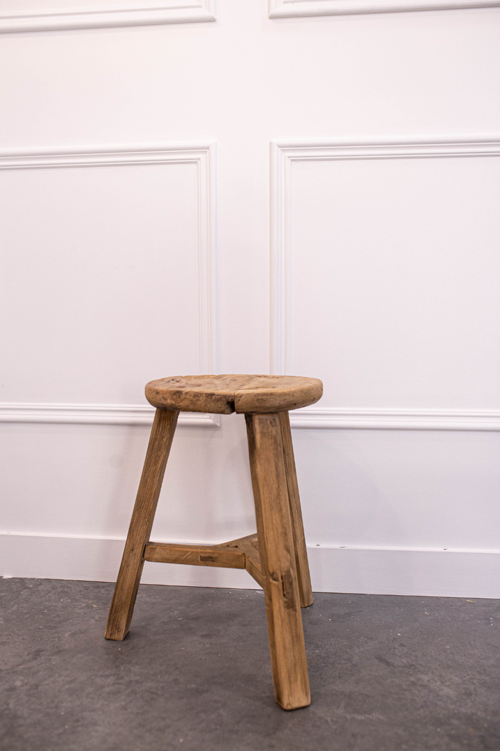 Vintage Elm Wood Round Stool Bench