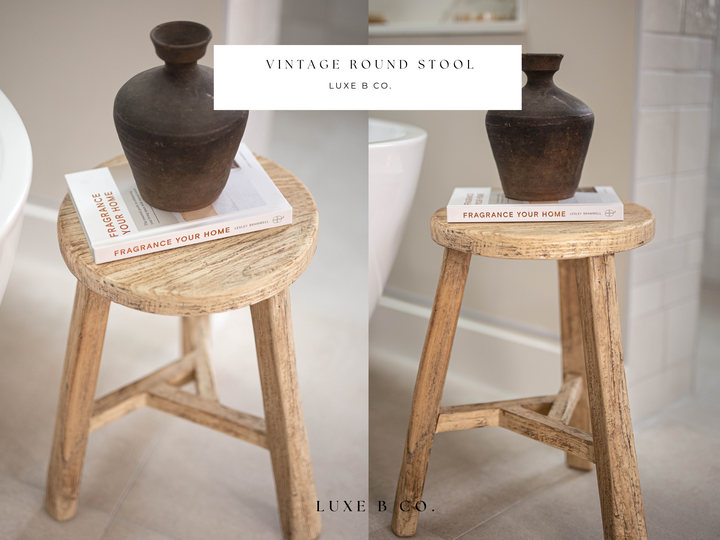 Vintage Elm Wood Round Stool Bench