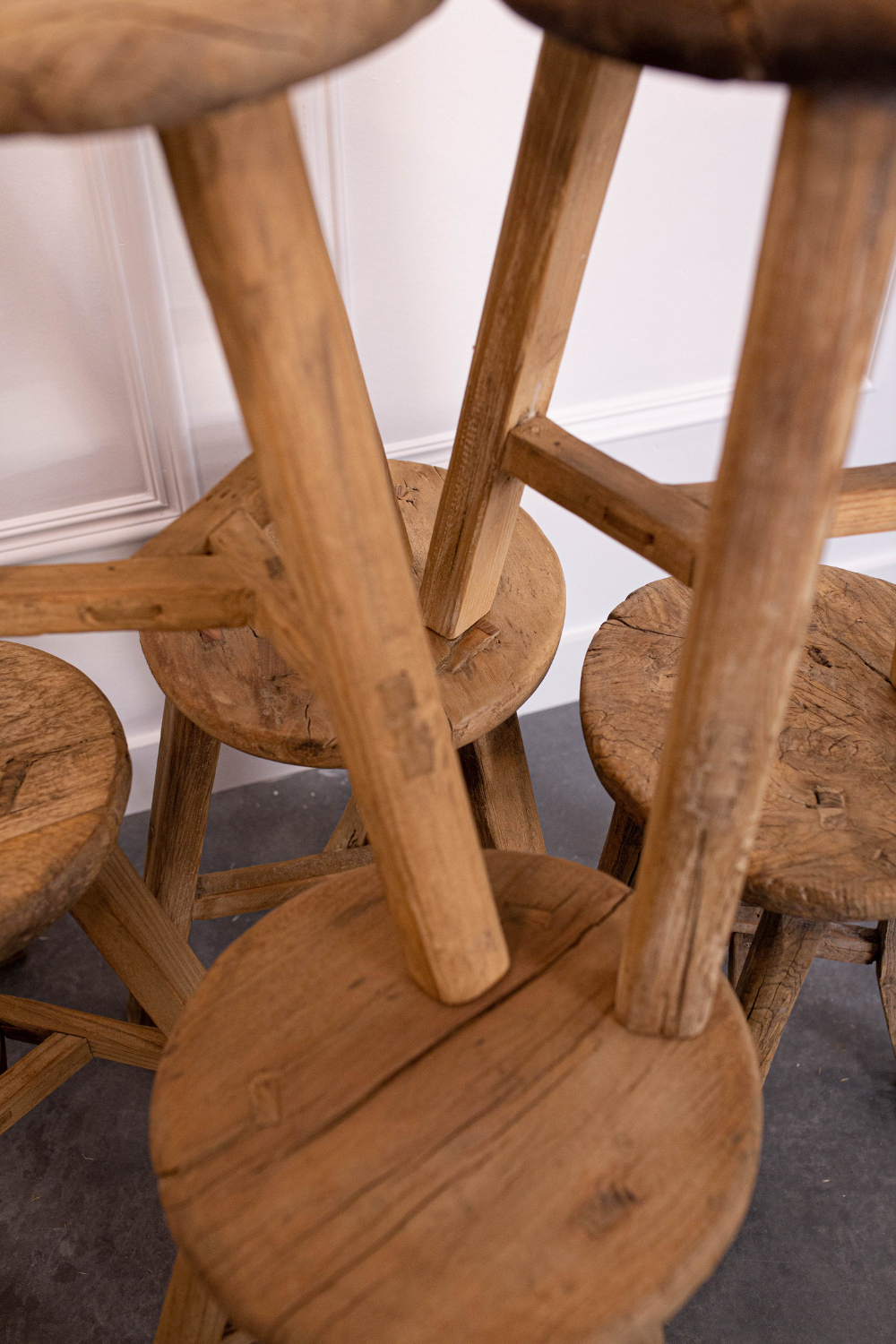 Vintage Elm Wood Round Stool Bench