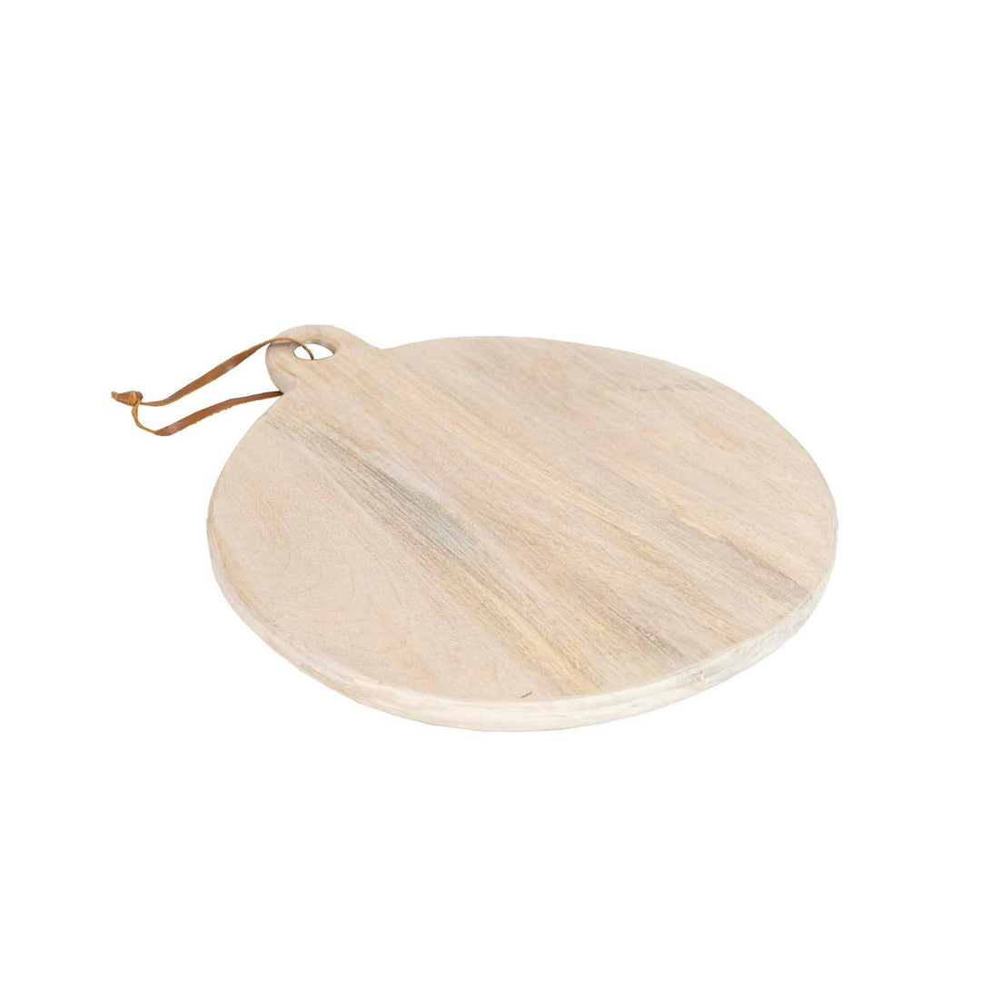 Ashton Round Serving Board Whitewash Wood, Leather Loop