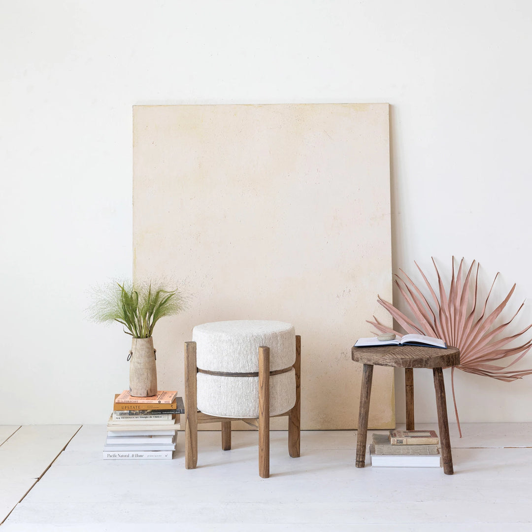 Woven Cotton & Wool Blend Upholstered Table/Stool w/ Oak Wood Legs & Reversible Top