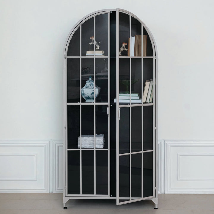 Arched Metal Cabinet w/ 2 Glass Doors & 3 Shelves